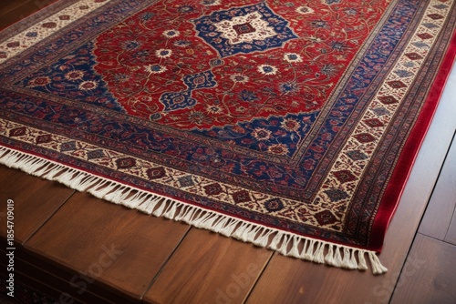 Detailaufnahme eines luxuriösen roten Orientteppichs mit komplexen Mustern und Fransen in einem eleganten Raum