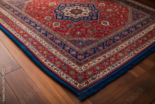 Detailaufnahme eines luxuriösen roten Orientteppichs mit komplexen Mustern und Fransen in einem eleganten Raum