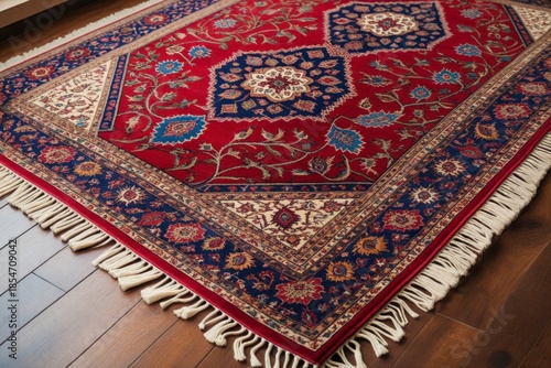 Detailaufnahme eines luxuriösen roten Orientteppichs mit komplexen Mustern und Fransen in einem eleganten Raum