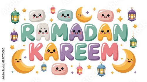 Ramadan Kareem illustration: This vibrant and cheerful illustration is adorned with playful lettering, moons, stars, and lanterns, capturing the spirit of Ramadan.
