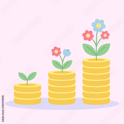 Vector illustration of growing plants on gold coin stacks showing financial growth. Concept of investment profit savings and return on investment isolated on pink background