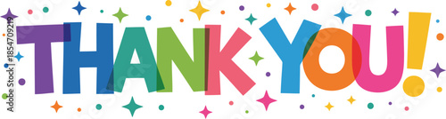 Vibrant multi colored THANK YOU! text with playful stars and dots expressing gratitude and appreciation