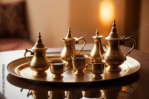 Elegantes traditionelles Kupfergeschirr auf einem Tablett mit goldenen Tassen und Kannen in einem luxuriösen Raum