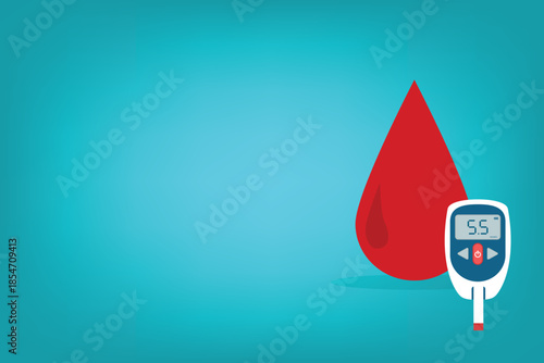 Diabetic glucose measuring device with indication sugar level on a display. High glucose diabetes risk. Glucometer and blood drop. EPS10 Vector illustration	