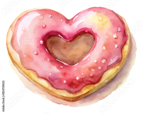 Heart Shaped Donut Watercolor Cute Dessert vector illustration isolated on white background