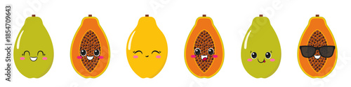 Set cartoon papaya, cute tropical fruit, fun character, emotions joy delight, big eyes, happy smiling face, kawaii style, icon vector illustration.