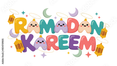 Ramadan Kareem: Vibrant depiction of Ramadan Kareem with charming illustrations, crescent moons, lanterns, and stars. It beautifully represents the spirit of Ramadan.