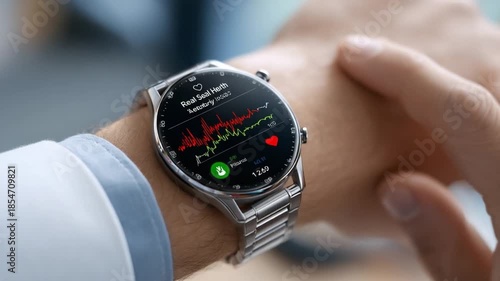 Smartwatch Monitoring Health: A close-up view of a wrist-worn smartwatch displaying health metrics, symbolizing the fusion of technology and well-being. Capturing the essence of health tracking.