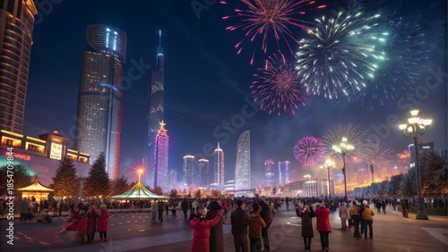 Fireworks Over Modern City Skyline During Night Celebration
