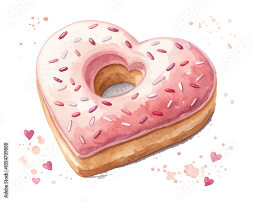 Heart Shaped Donut Watercolor Illustration – Cute Dessert Icon Isolated on White