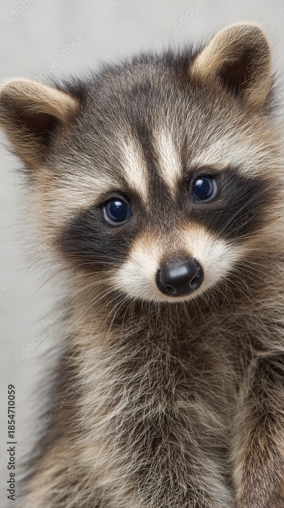 Obraz premium cute baby raccoon looking at camera, curious expression, neutral background