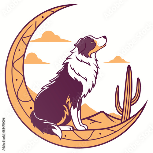 Cute SVG of a Loving Australian Shepherd in Sundown Glow colors, featuring sitting on a moon in a Desert sunset setting