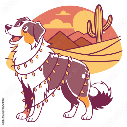 Cute Excited Australian Shepherd, accessorized with wrapped in fairy lights, in a Desert sunset world – Sundown Glow palette vector