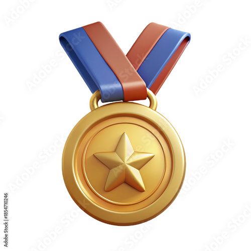 Gold medal 3d rendering isolated on transparent background. Cartoon plastic style icon	