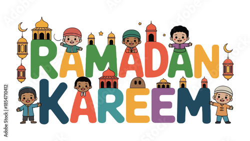 Ramadan Kareem: Vibrant Illustration of Joy and Festive Spirit. The artwork portrays the joyous essence of Ramadan, featuring colorful elements and characters.