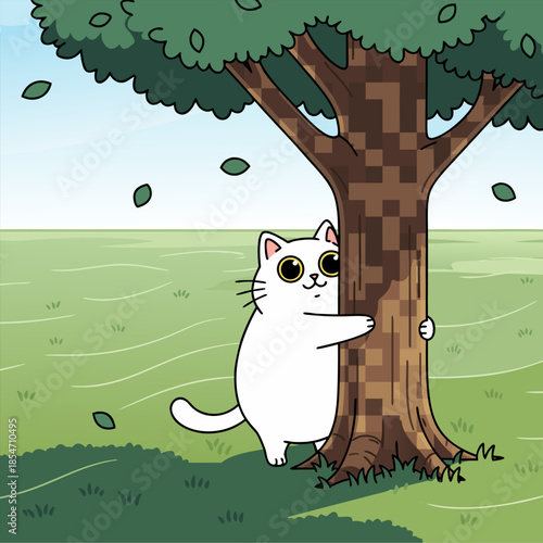 Cute cat hiding behind tree cartoon illustration