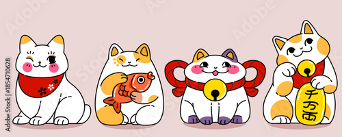 Maneki neko cats set isolated on background. Vector cartoon illustration of cute Asian mascot statues with fish and gold, smiling animal, symbol of good luck and wealth, traditional toy souvenir