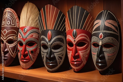 Traditionelle afrikanische Holzmasken als ethnische Wanddekoration und Stammeskunst
