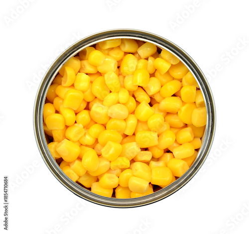 Sweet corn kernels in can over white. Cooked canned yellow vegetable maize, Zea mays, also called sugar or pole corn, a vegetarian staple food. Isolated macro food photo close up from above. 