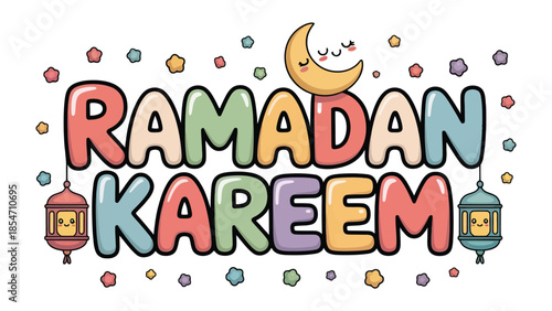 Ramadan Kareem Illustration: Festive and colorful illustration to celebrate the holy month. Featuring the words Ramadan Kareem with a crescent moon, stars and lanterns.
