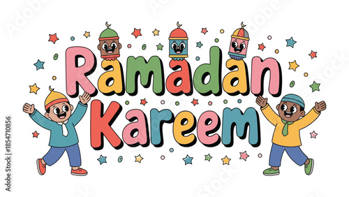 Ramadan Kareem Illustration: Festive and colorful illustration conveying the spirit of Ramadan Kareem with welcoming cartoon figures, lanterns and star in a celebratory scene. 