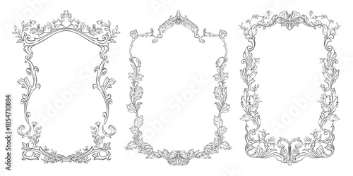 Vintage baroque frame set. Classic frames with hand drawn swirl of acanthus leaves and florals. Whimsical Victorian frames line art for wedding invitation decor, card, book cover, and save the date.