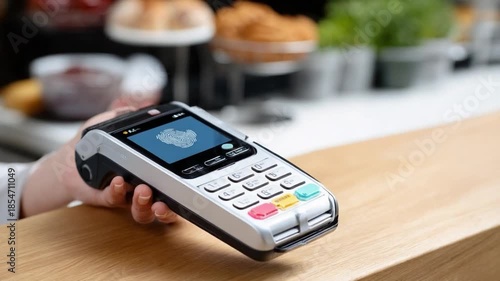 Cashless transaction: A modern point of sale system, showcasing a transaction with a person paying their bill through the machine with cutting edge payment technology.