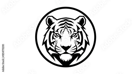 Striking Black and White Tiger Head Logo Design within Circular Border for Branding and Wildlife