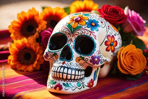 Bunter mexikanischer Zuckerschädel mit Blumen zum Dia de los Muertos Stillleben