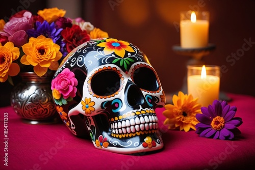 Bunter mexikanischer Zuckerschädel mit Blumen zum Dia de los Muertos Stillleben