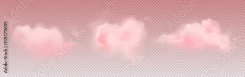 Pink cloud set with realistic soft fluffy shapes isolated on transparent. Dreamy sky elements with cotton candy texture and gentle gradient. Fantasy romantic sunset clouds for valentine design