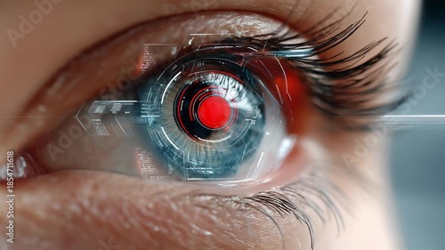 Cybernetic Gaze: A close-up view of a futuristic cybernetic eye. Highlighting the intricate details of advanced technology within the human form. 