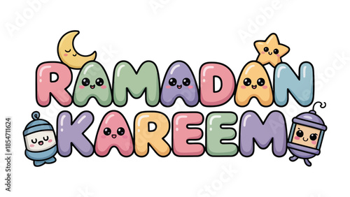 Ramadan Kareem: Festive calligraphy celebrates the holy month with cheerful symbols like the moon, star, and lanterns. The image is a joyful emblem of the season. 