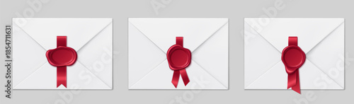 Red wax stamp securing white letter envelope with decorative silk ribbon. Authentic seal design for premium mail and certificates, diplomas and official correspondence with vintage elegance.