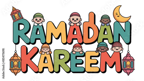 Ramadan Kareem Illustration: Festive and colorful illustration of Ramadan Kareem text, adorned with playful characters and traditional lanterns, evoking the spirit of the holy month.