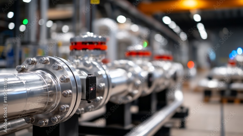 Fototapeta premium Industrial Heat Exchanger Systems Inside Modern Factory with Detailed Pipeline Equipment