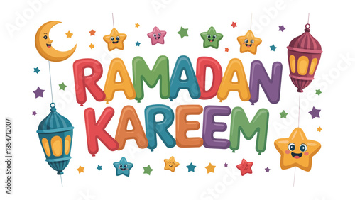 Ramadan Kareem Decoration: Vibrant and festive illustration with cheerful elements, celebrating the holy month of Ramadan.