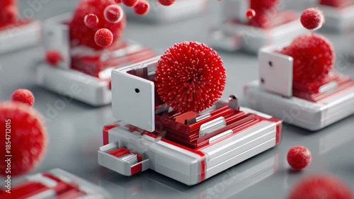 Scientific Abstraction of Red Cellular Structures: A captivating artistic rendition showcases intricate red cellular structures, symbolizing life, health, and cutting-edge scientific innovation.
