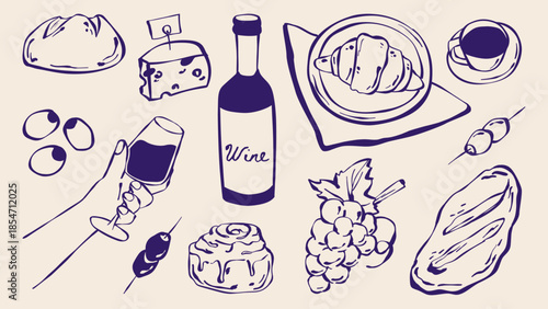 Hand drawn French food doodle collection with wine and cheese, croissant and bread sketches. Italian menu illustrations with bottle and glass, grape and cafe elements. Vintage line restaurant icons
