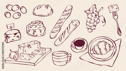 Hand drawn French food doodle set with bread and cheese, croissant and coffee sketches. Italian menu illustrations - baguette with grape, pastry and cafe elements. Vintage restaurant breakfast design