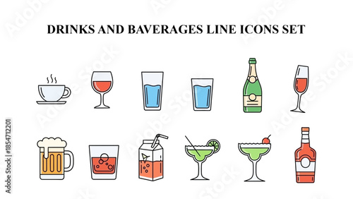 Collection of various beverage icons representing different drinks including hot coffee, wine, water, beer, juice, cocktails, and spirits against a dark background.