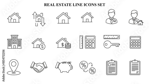 A collection of essential thin line icons representing various real estate investment concepts including property, finance, appraisal, agents, and transactions for digital projects.
