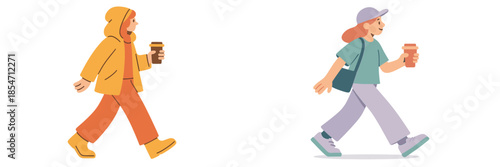 Two young women walking with coffee cups in casual outfits