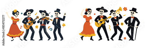 Colorful skeletons dancing and making music at a celebration