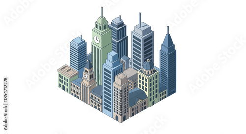 Isometric illustration depicting a dense collection of varied architectural styles forming a modern urban metropolitan city skyline against a dark backdrop