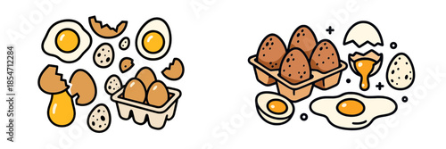 This vector illustration features various eggs and egg shells