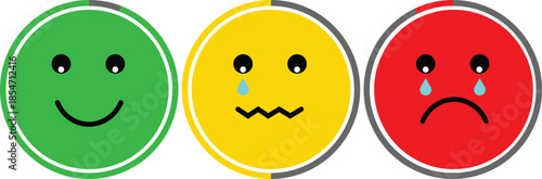 Three colorful emoticons depicting happy, worried, and sad expressions, representing a range of emotions or feedback levels.