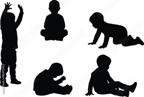 Children silhouette poses, crawling, sitting, standing, black vector, child development illustration, playful posture, minimal design, white background