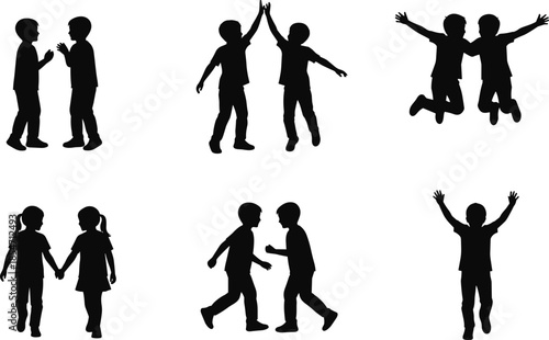 Children silhouette, playful interaction, friendship poses, joyful movement, black and white, vector illustration, emotional expression, kids activity, social bonding, childhood moments