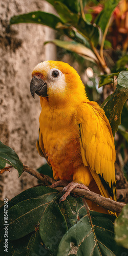 Bright yellow parrot with orange hues perched on leafy branch